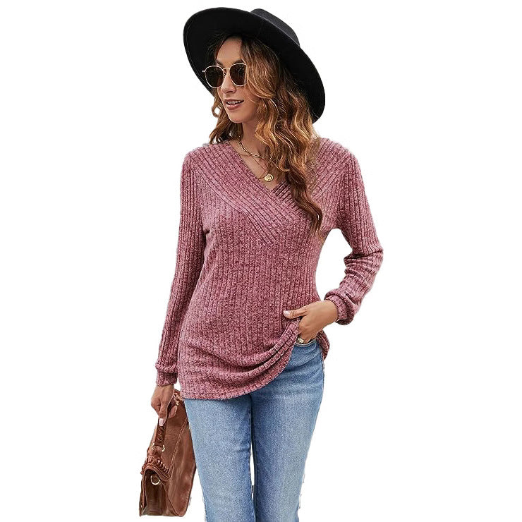 Women's Textured V-Neck Pullover Sweater Stalluxe