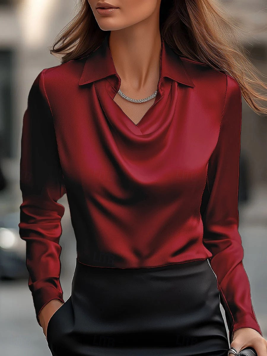 Damen Elegante Bluse mit gefälteltem Halsausschnitt und langen Ärmeln Stalluxe