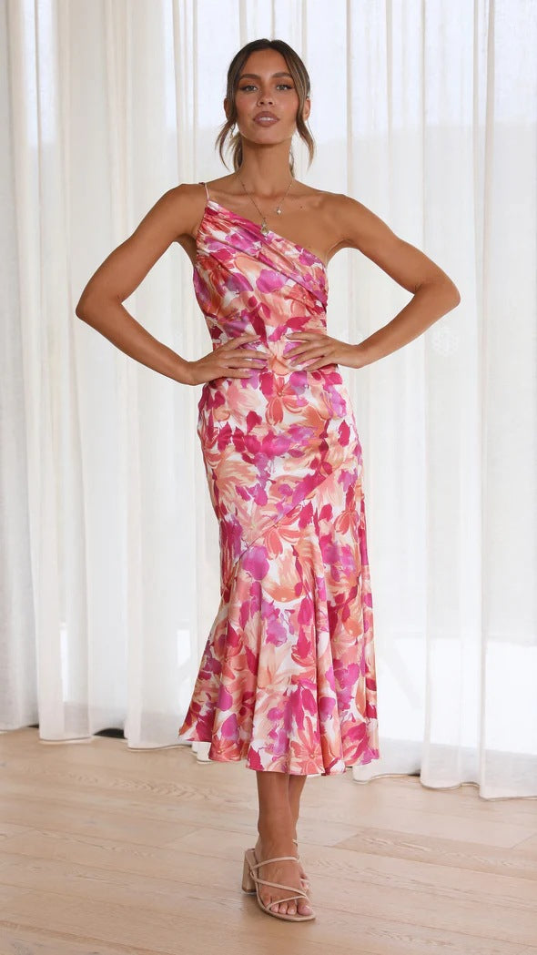 Damen Elegantes Maxikleid mit asymmetrischem Schnitt und floralen Mustern Stalluxe