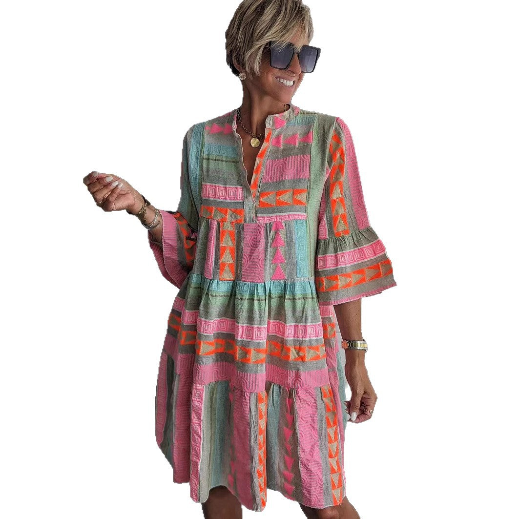 Damen luftiges Boho-Kleid mit eingewebten Mustern und kurzen Ärmeln Stalluxe