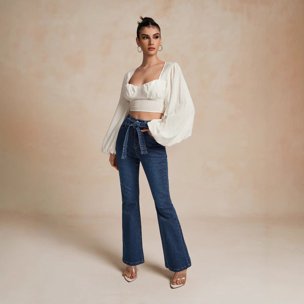 Damen Hohe Taille Jeans mit lässigem Schlag und dekorativem Bund Stalluxe