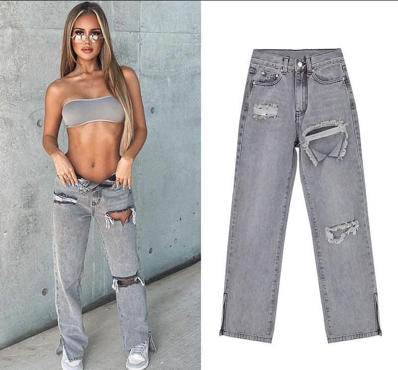 Damen lässige Ripped Jeans mit hoher Taille und modernen Fransen Stalluxe