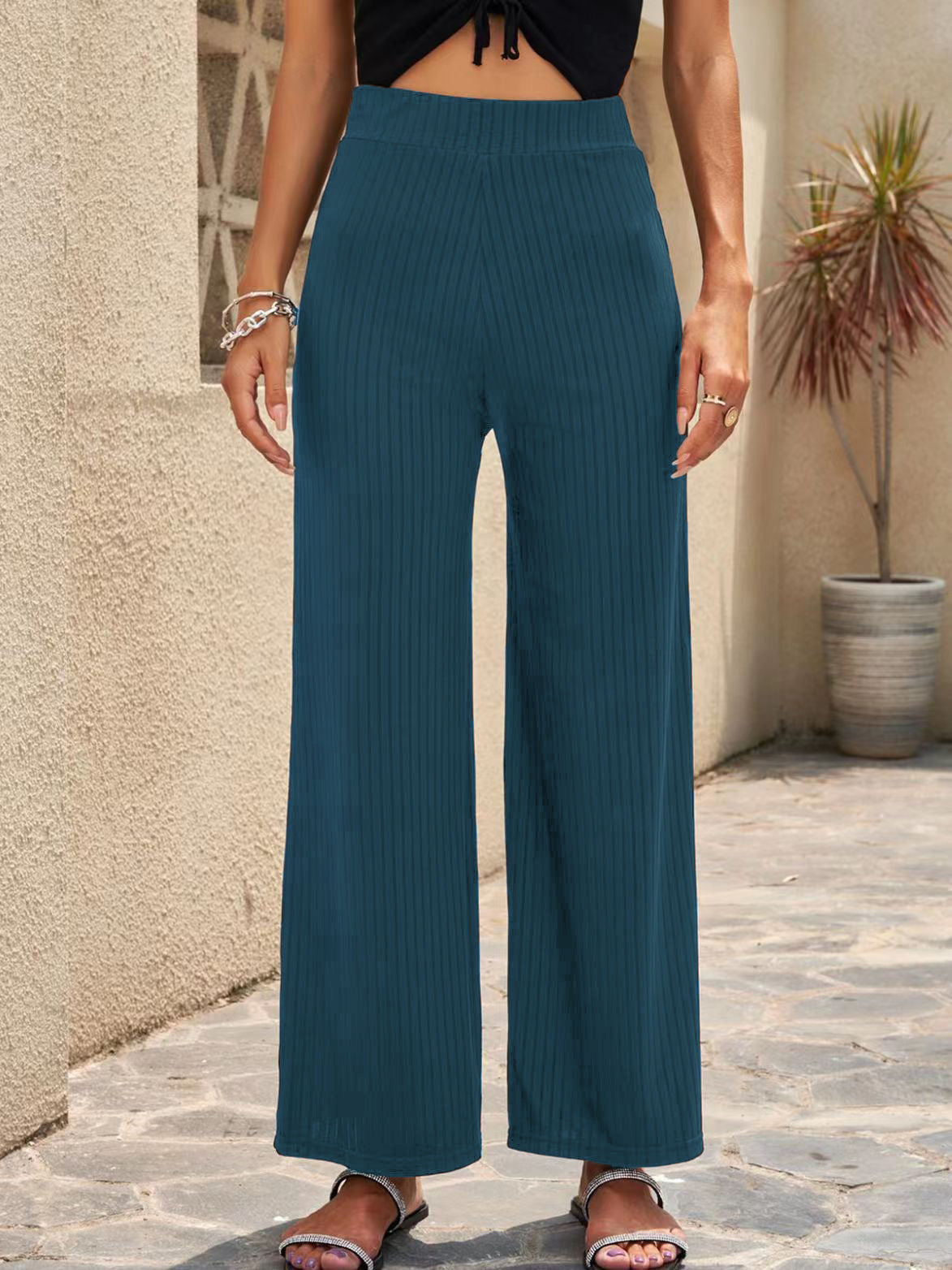 Damen elegante weit geschnittene Sommerhose mit feiner Rippstruktur Stalluxe