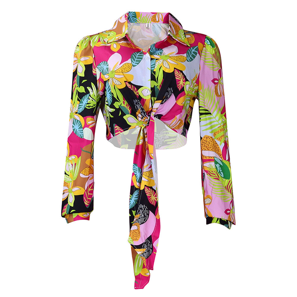 Damen Trendige Cropped Bluse mit floralem Design und Knoten-Detail Stalluxe
