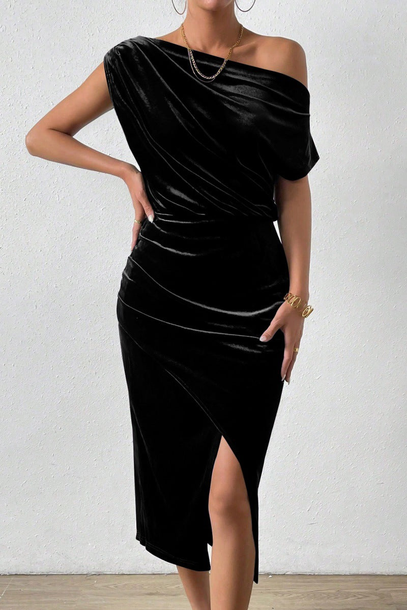 Damen elegantes Wickelkleid mit asymmetrischem Ausschnitt und seitlichem Schlitz Stalluxe
