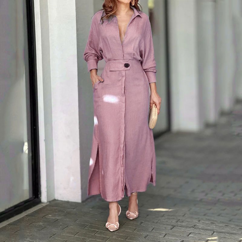 Damen Hemdkleid mit Taillengürtel und seitlichen Schlitzen Stalluxe