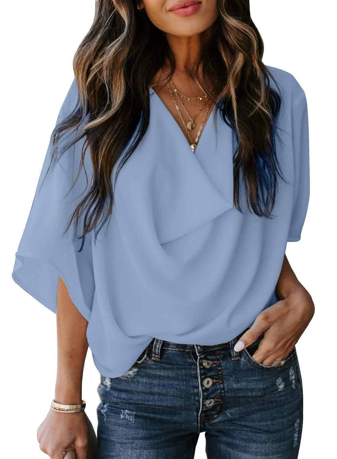 Damen elegante Bluse mit drapiertem V-Ausschnitt und weit geschnittenen Ärmeln Stalluxe