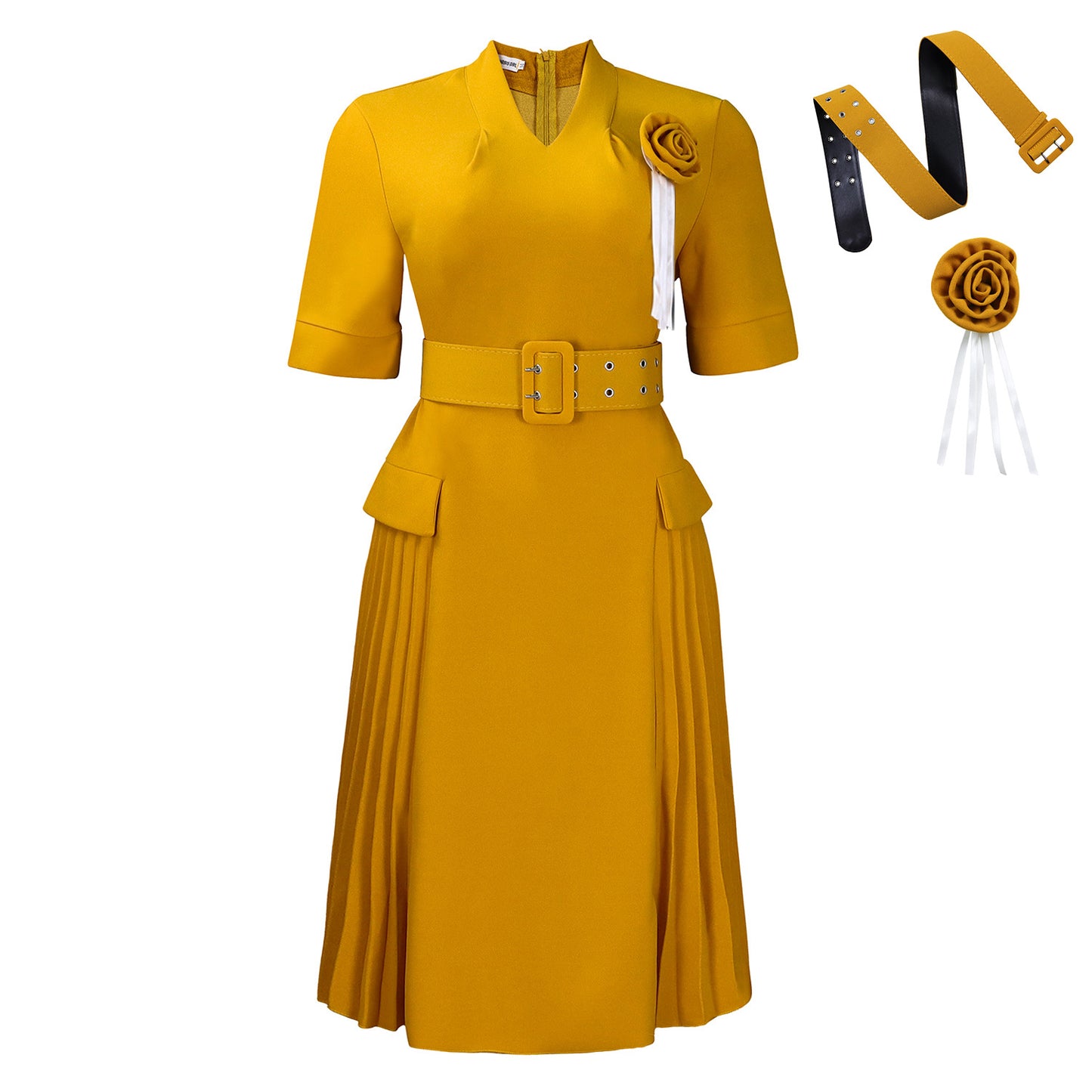 Damen Plissee-Kleid mit Taillengürtel und modischen Blumenakzenten Stalluxe