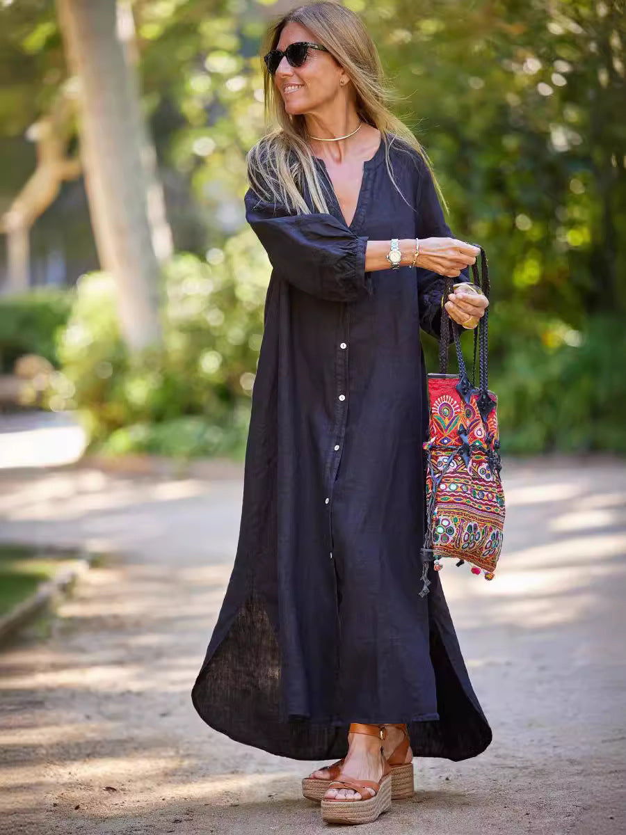 Women's Long Linen Button-Up Dress Stalluxe