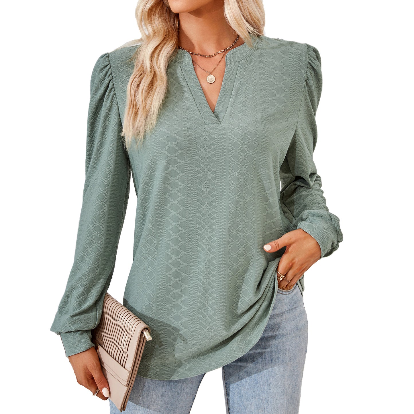 Damen Blusenshirt mit elegantem V-Ausschnitt und strukturiertem Muster Stalluxe