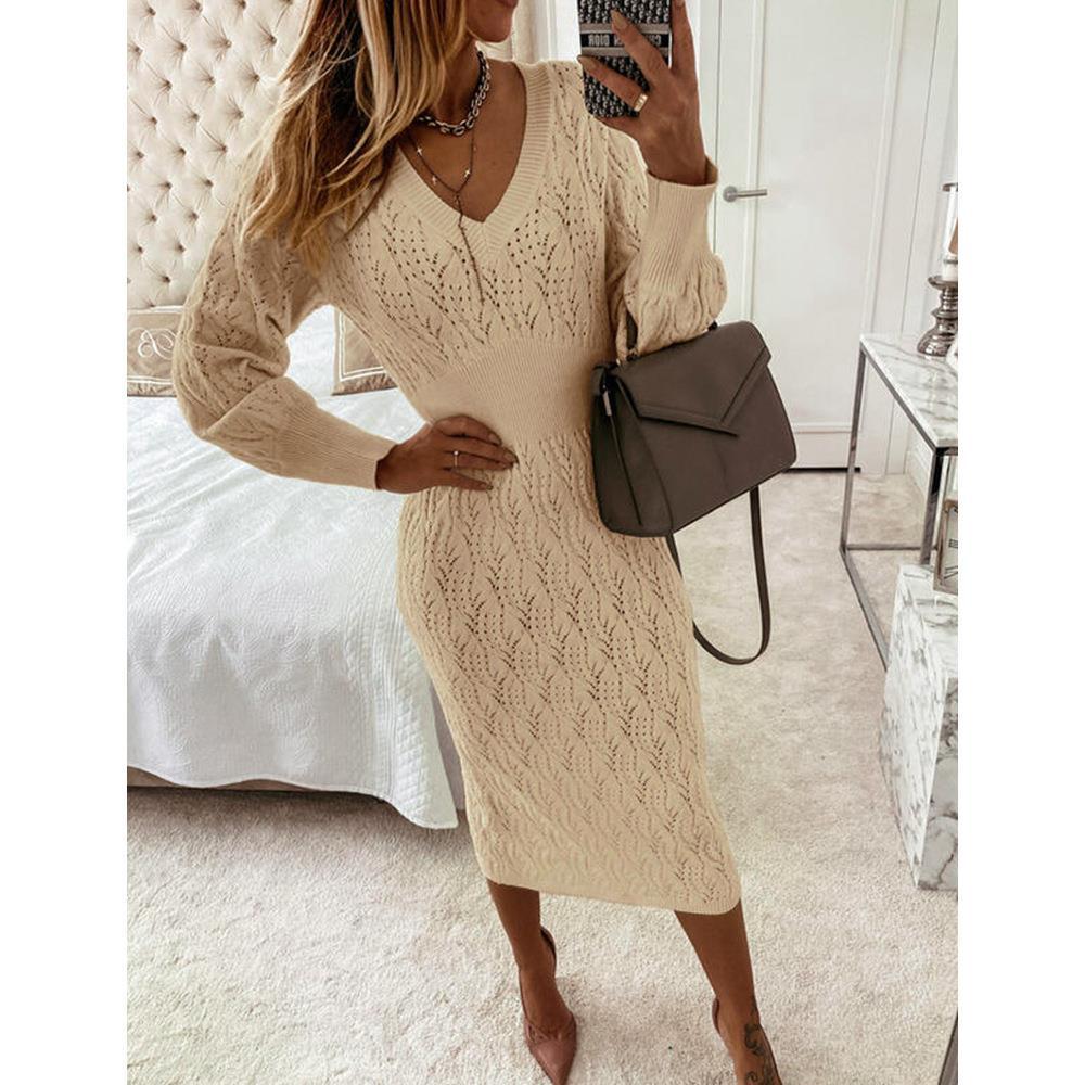 Damen Strickkleid mit halbtransparentem Muster und schickem V-Ausschnitt Stalluxe
