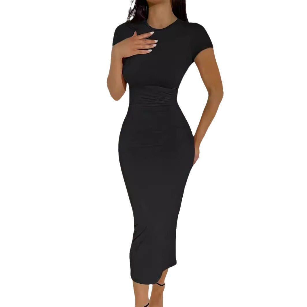 Damen körperbetontes Midi-Kleid mit kurzen Ärmeln und Rundhalsausschnitt Stalluxe