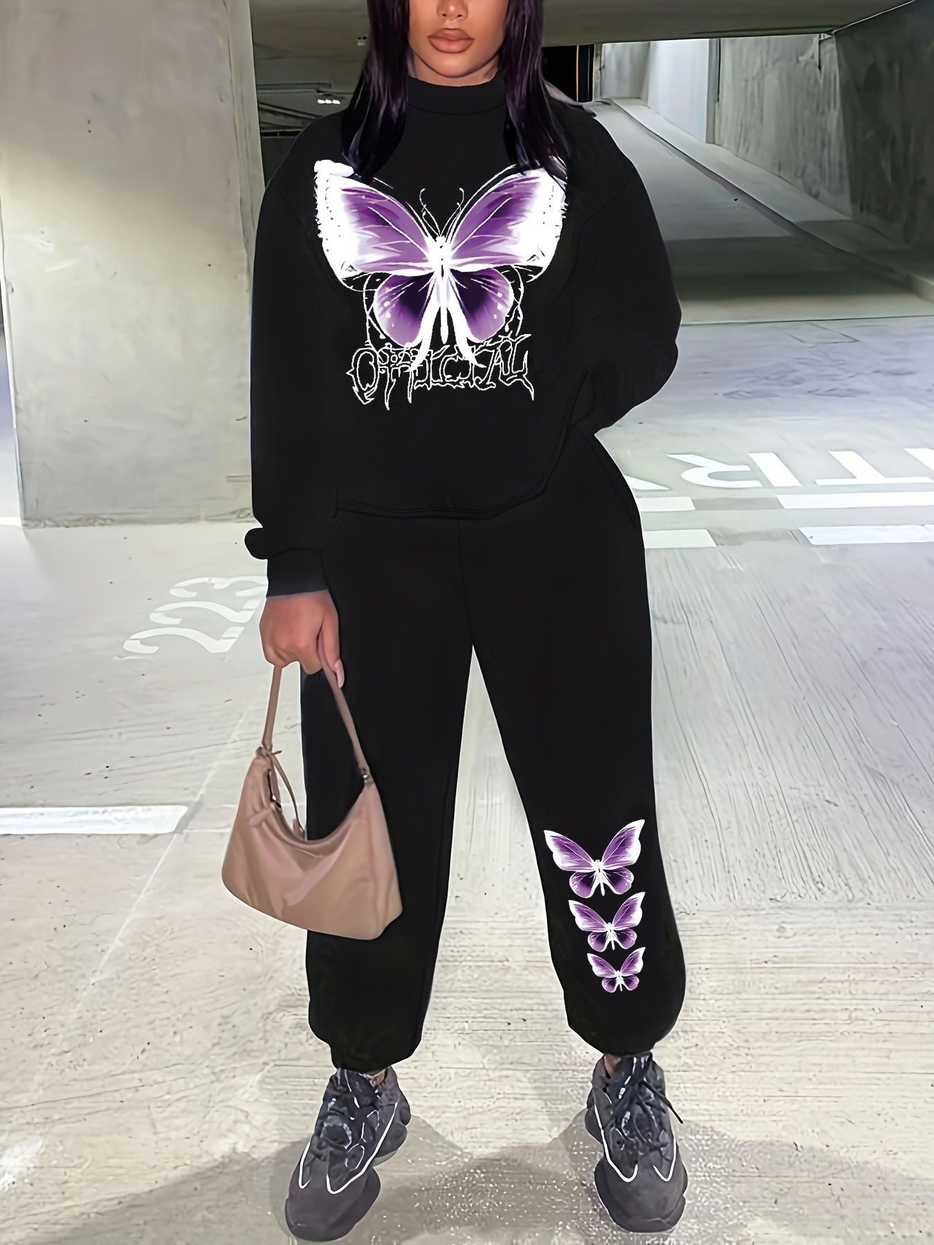 Damen Sweatshirt und Jogginghose Set mit kreativem Schmetterlingsdesign Stalluxe
