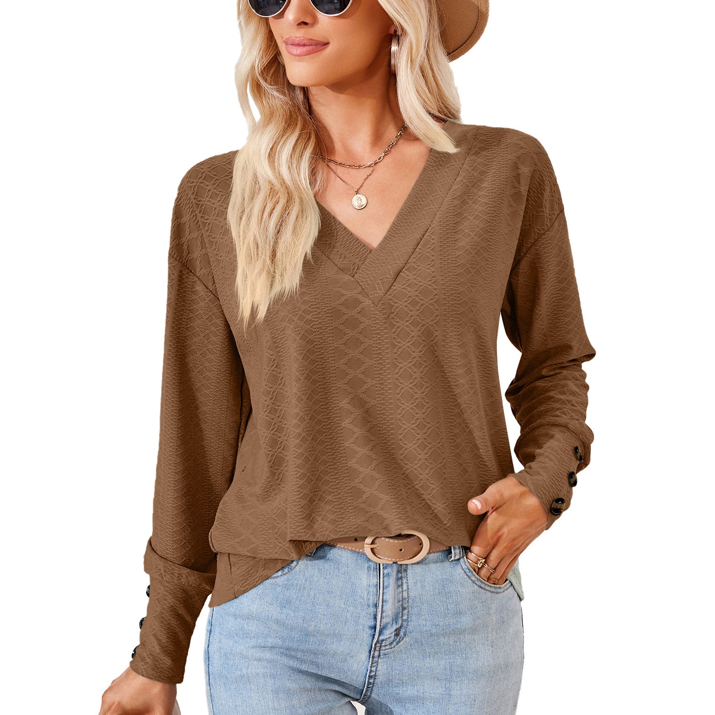 Damen Langarmbluse mit raffiniertem V-Ausschnitt und strukturiertem Design Stalluxe