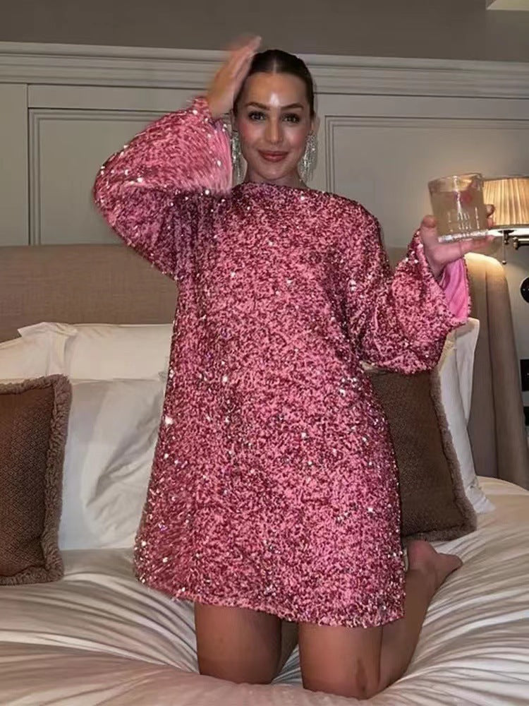 Damen Glitzerndes Party-Kleid mit weitem Schnitt und voluminösen Ärmeln Stalluxe