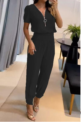 Damen Jumpsuit mit V-Ausschnitt und Gummizug Stalluxe