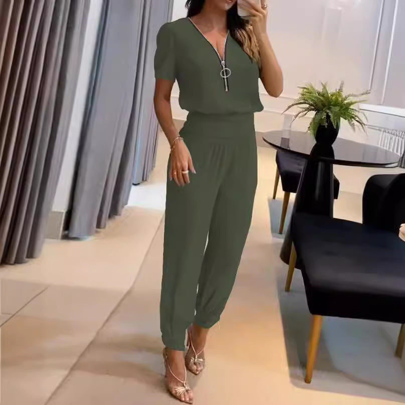 Damen Jumpsuit mit V-Ausschnitt und Gummizug Stalluxe