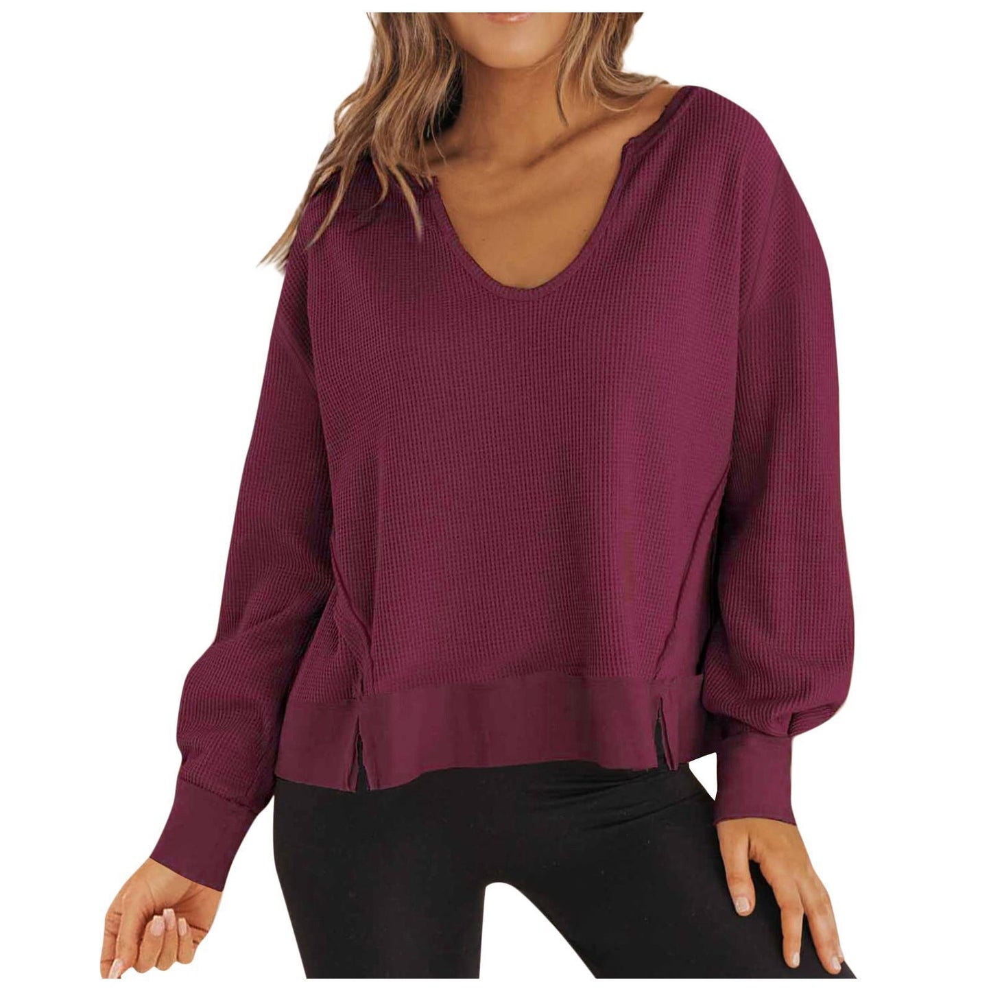 Damen Lässiger Pullover mit V-Ausschnitt und seitlichen Schlitzen Stalluxe