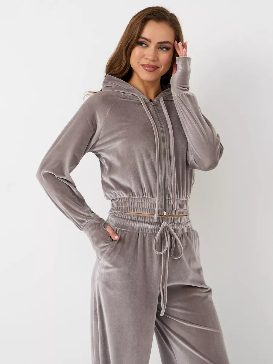 Damen luxuriöser Velours-Hoodie und weite Hose Set Stalluxe