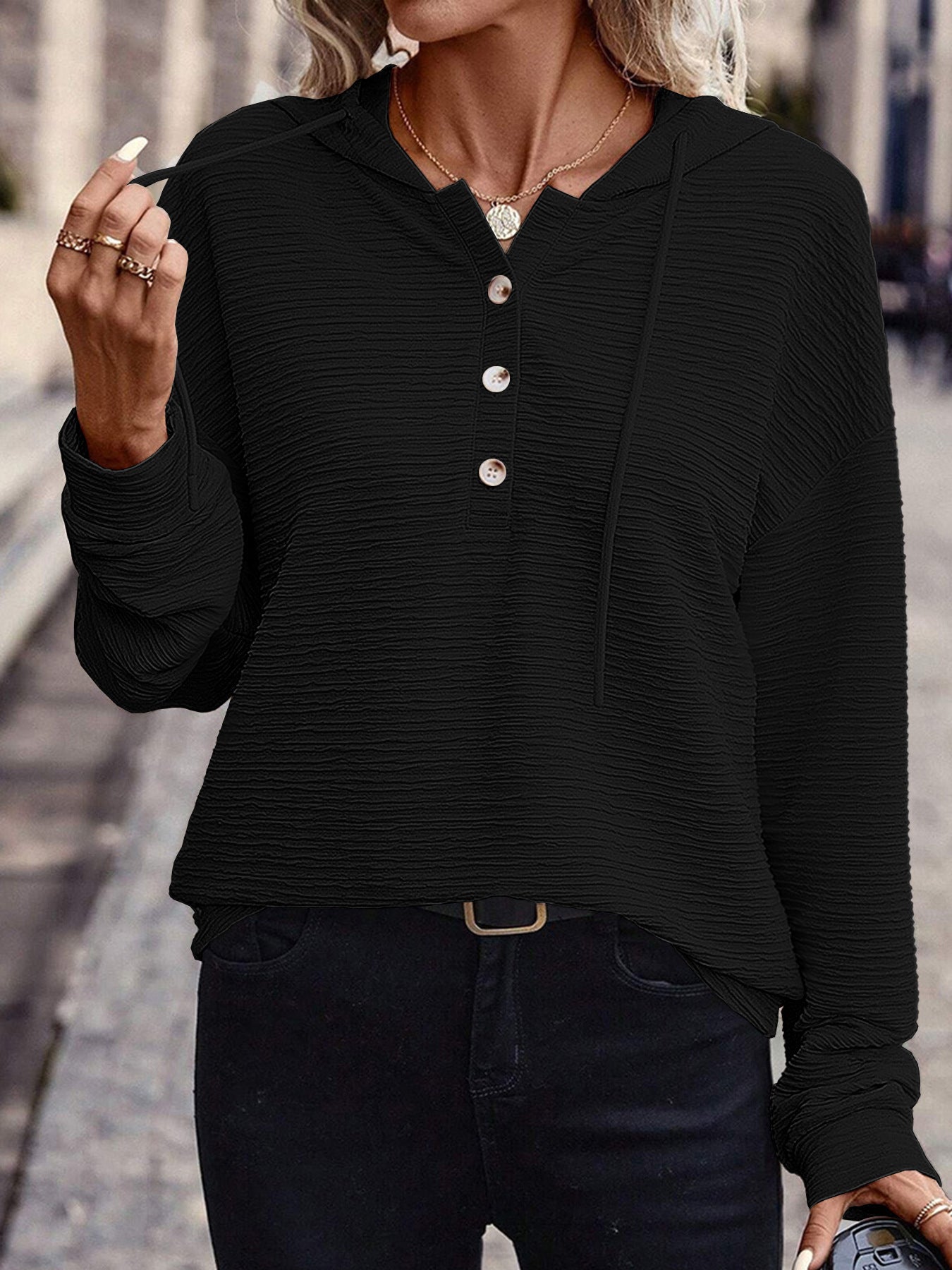 Damen lässiger Kapuzenpullover mit strukturierter Oberfläche und Knopfverschluss Stalluxe