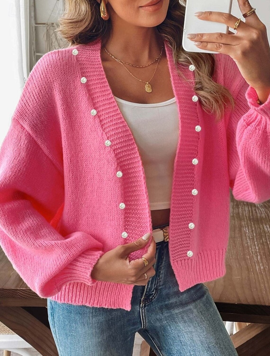 Damen gemütliche Strickjacke mit Perlenknopf-Detail Stalluxe