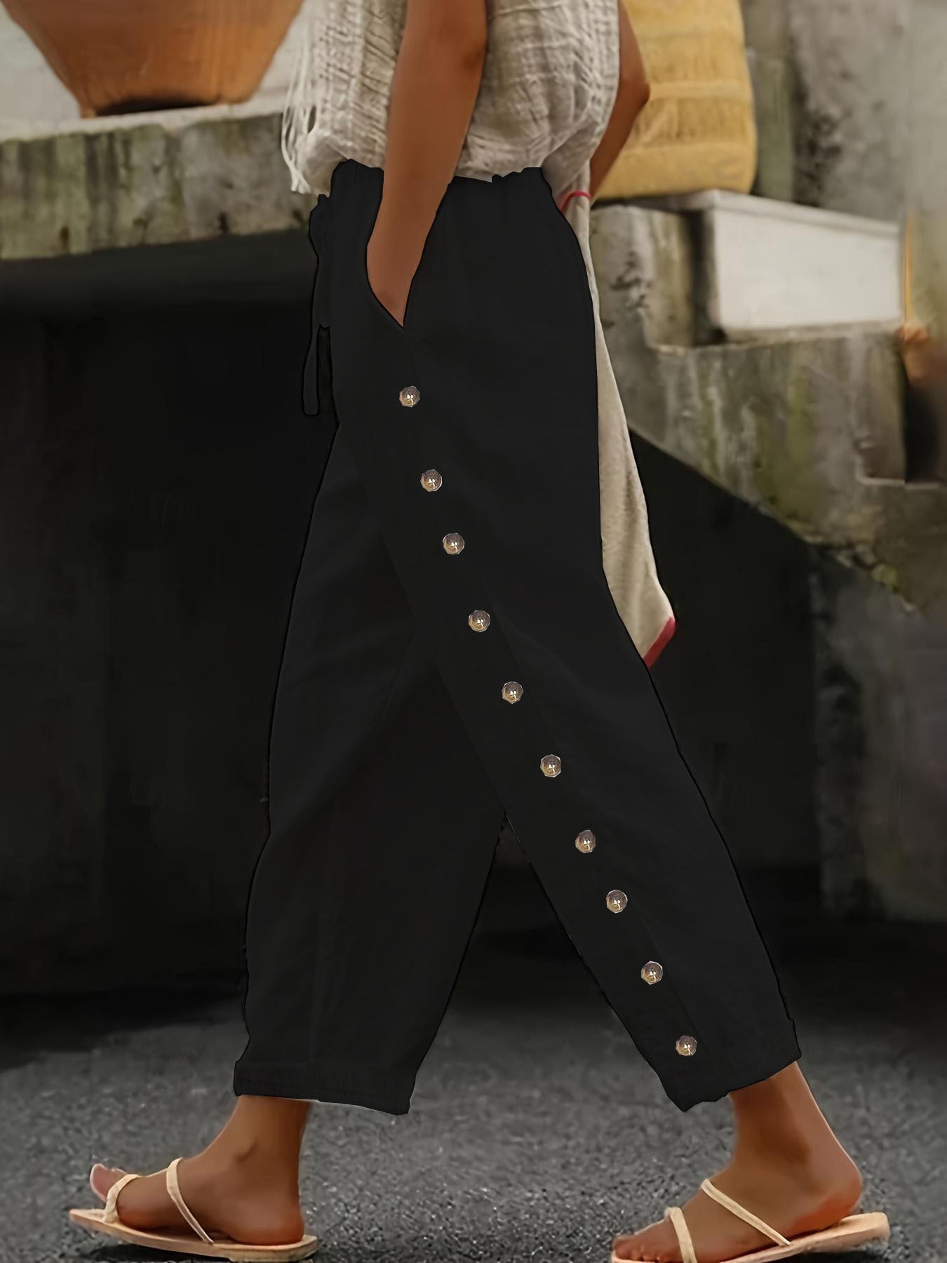 Damen Modische Palazzo-Hose mit Knopfdetails und elastischem Bund Stalluxe