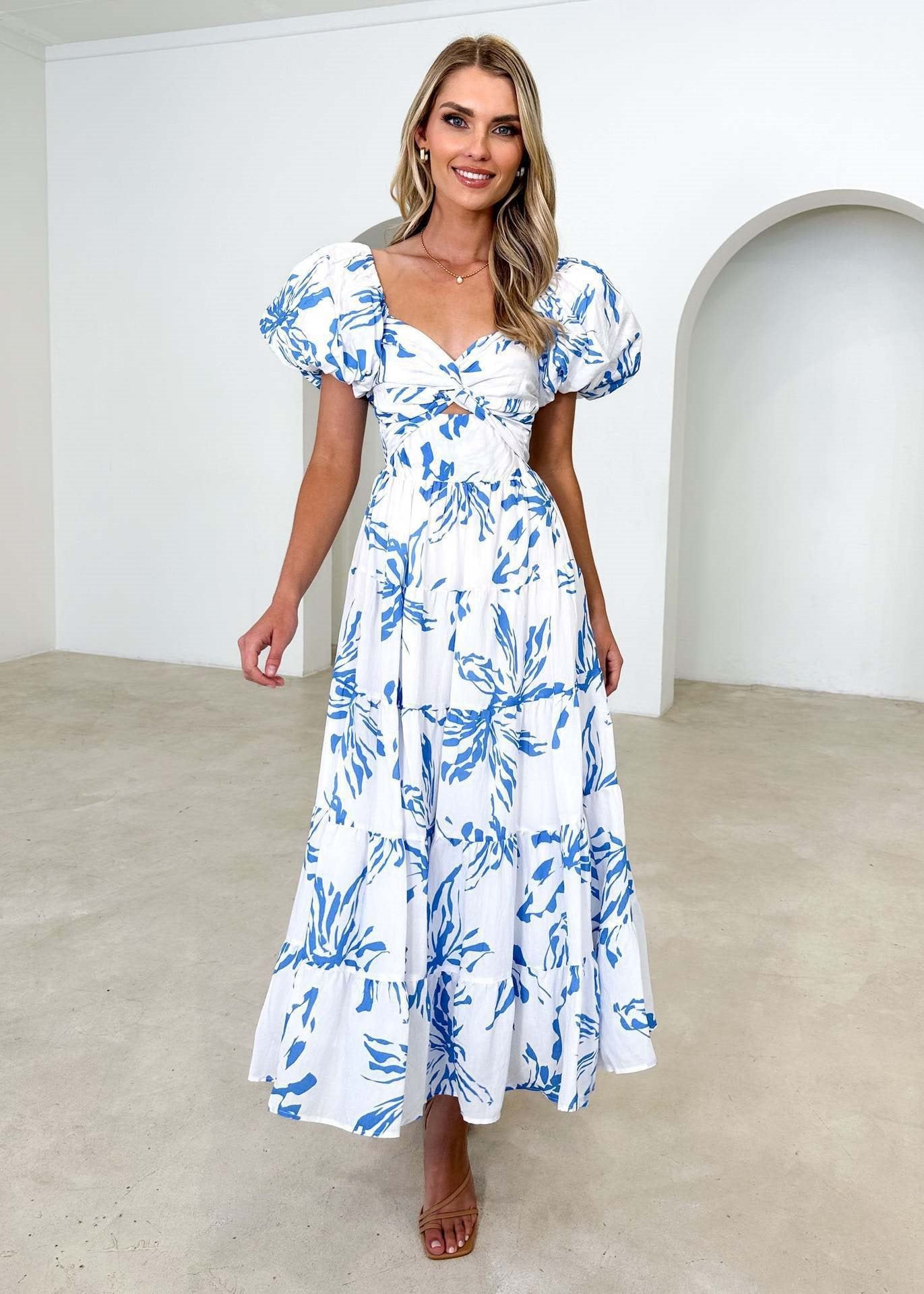 Damen Maxikleid mit voluminösen Puffärmeln und floralem Print Stalluxe