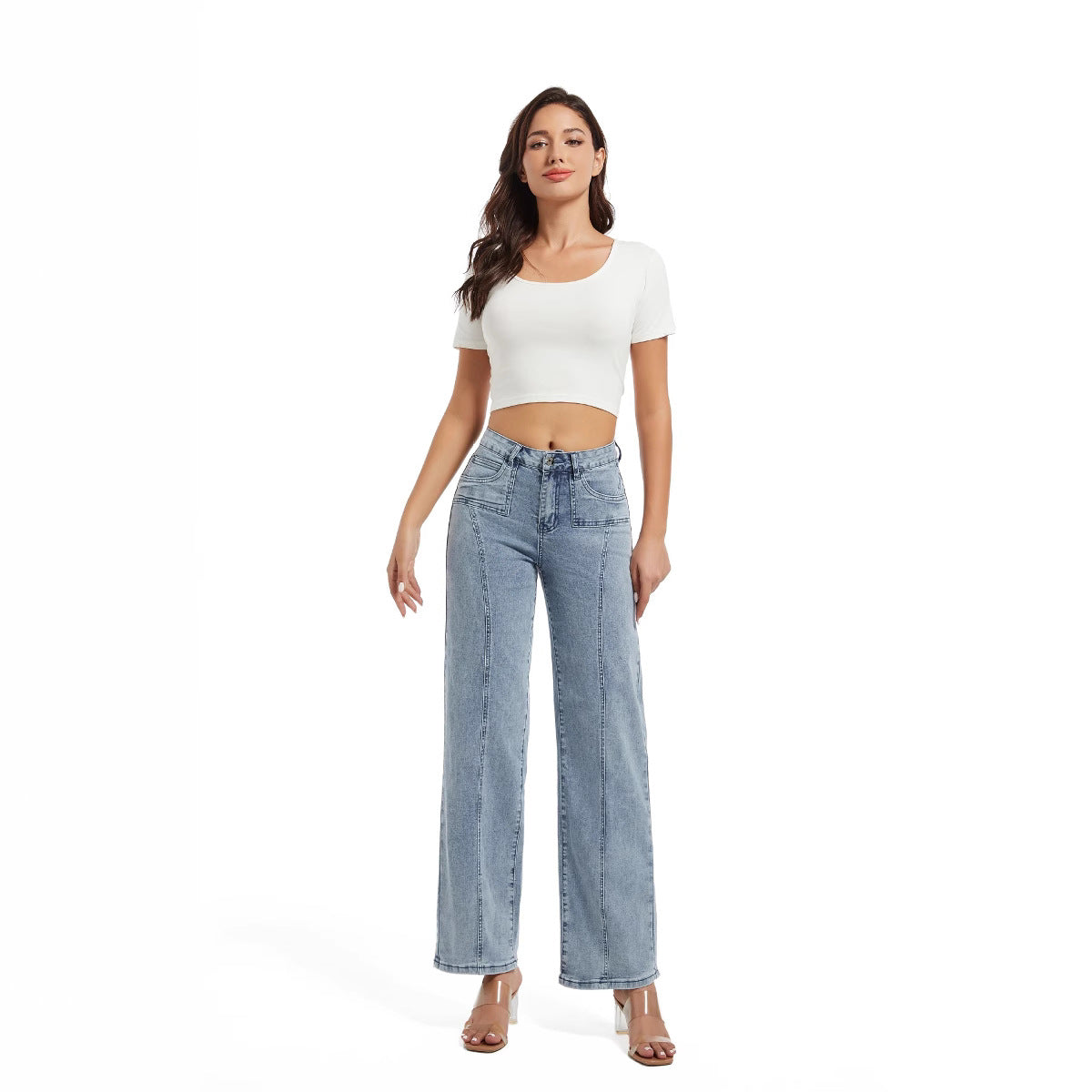 Damen weite High-Waist Jeans mit Bindegürtel und modischen Nahtdetails Stalluxe