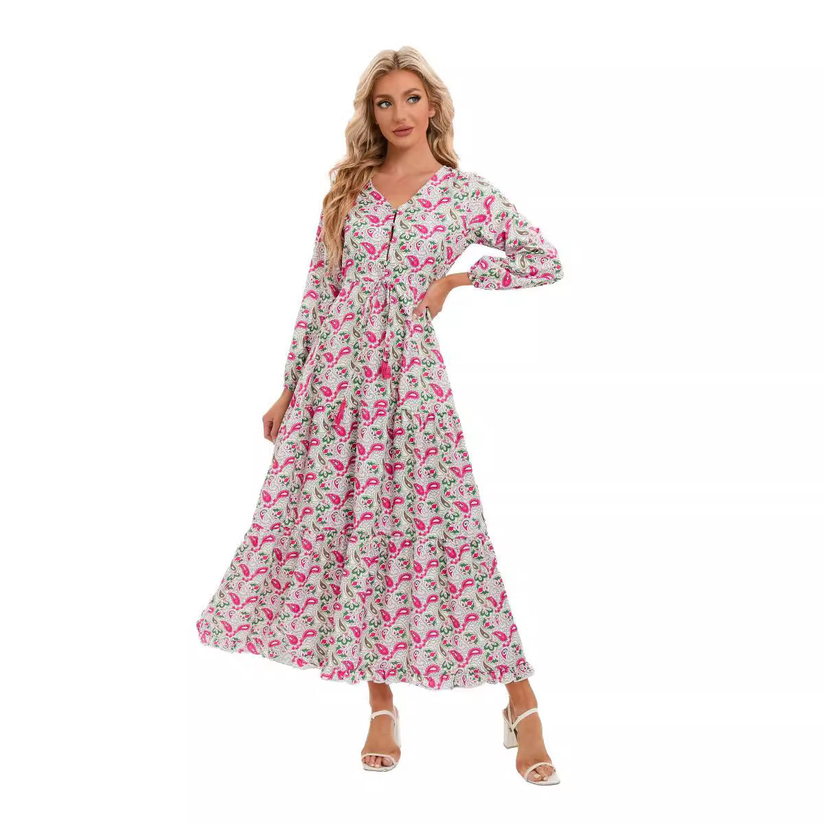 Damen Maxikleid mit gebundenem V-Ausschnitt und voluminösen Ärmeln Stalluxe