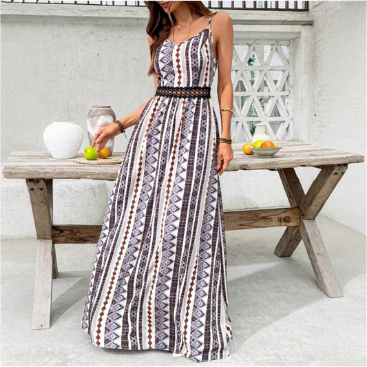 Damen Maxikleid mit bohemian Muster und raffiniertem elastischem Taillenband Stalluxe