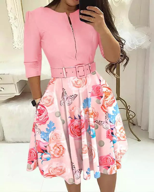 Damen A-Linien Kleid mit tailliertem Gürtel und floralem Muster Stalluxe