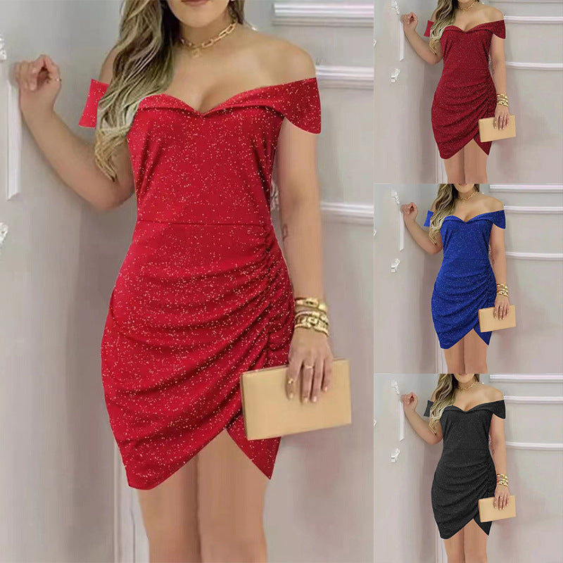 Damen schickes Wickelkleid mit Off-Shoulder Design und Raffungen Stalluxe