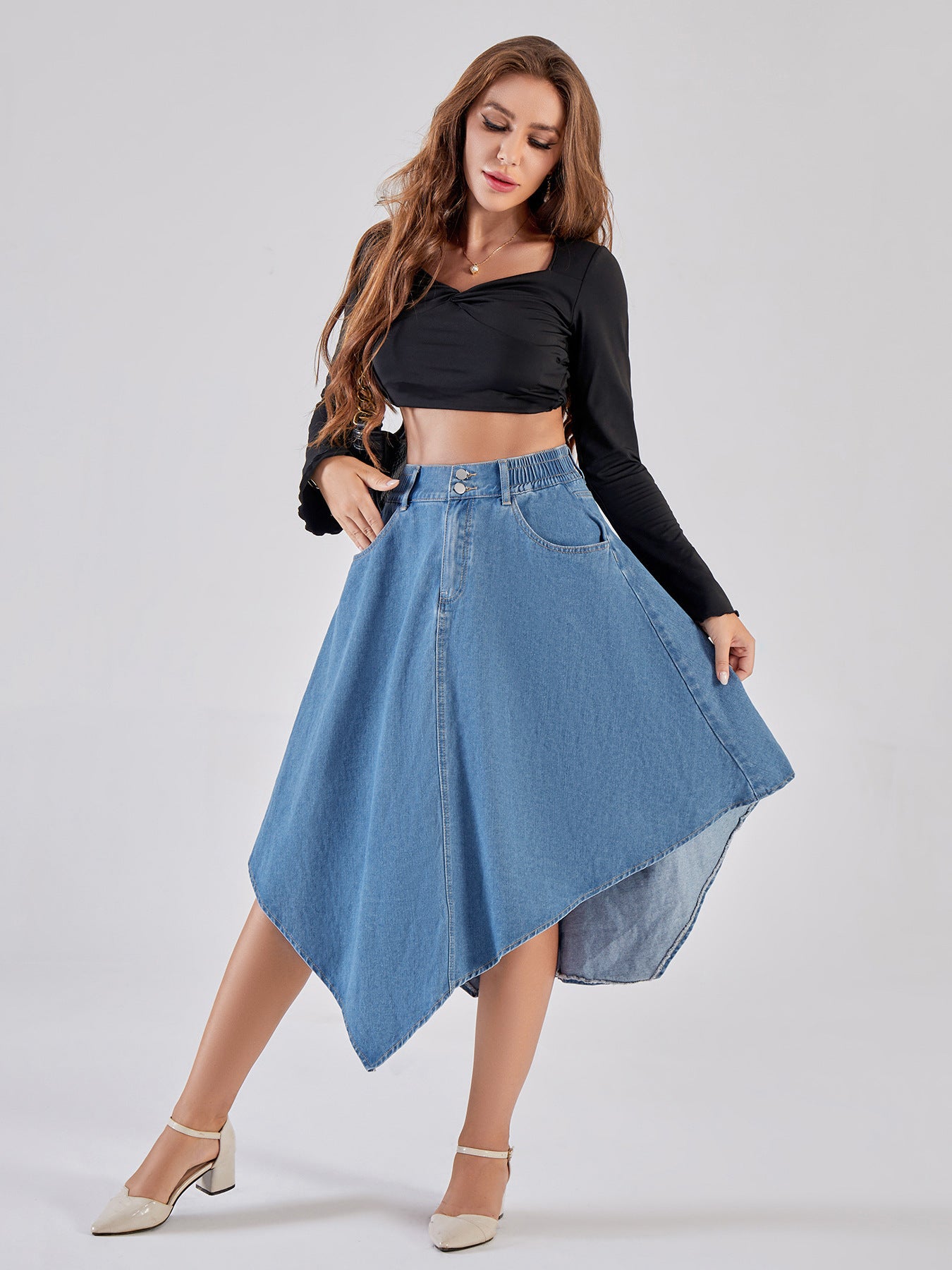 Damen asymmetrischer Denim-Rock mit attraktivem Saumdesign Stalluxe