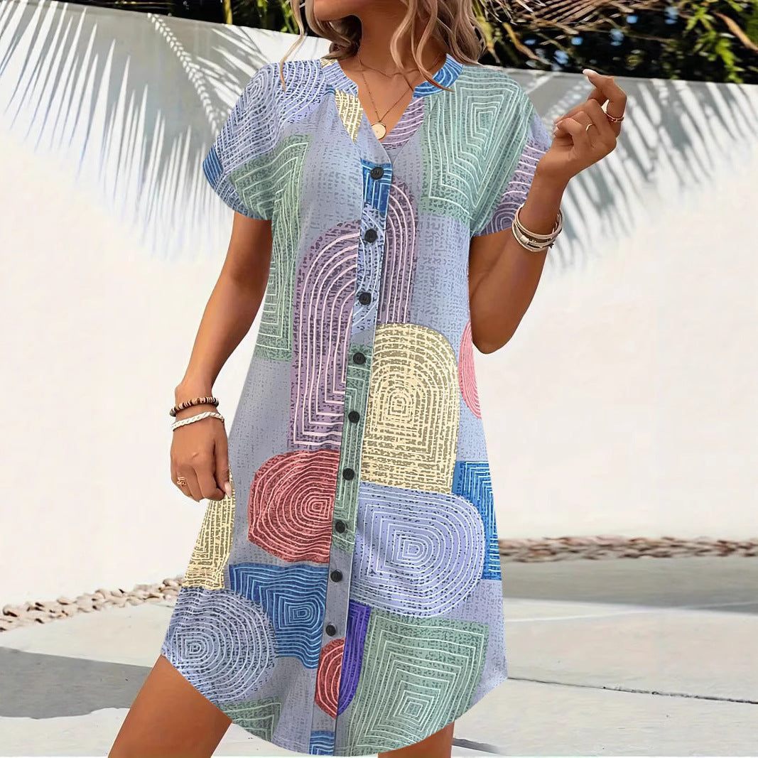 Damen Knopfverschluss Abstract Print Kleid Stalluxe