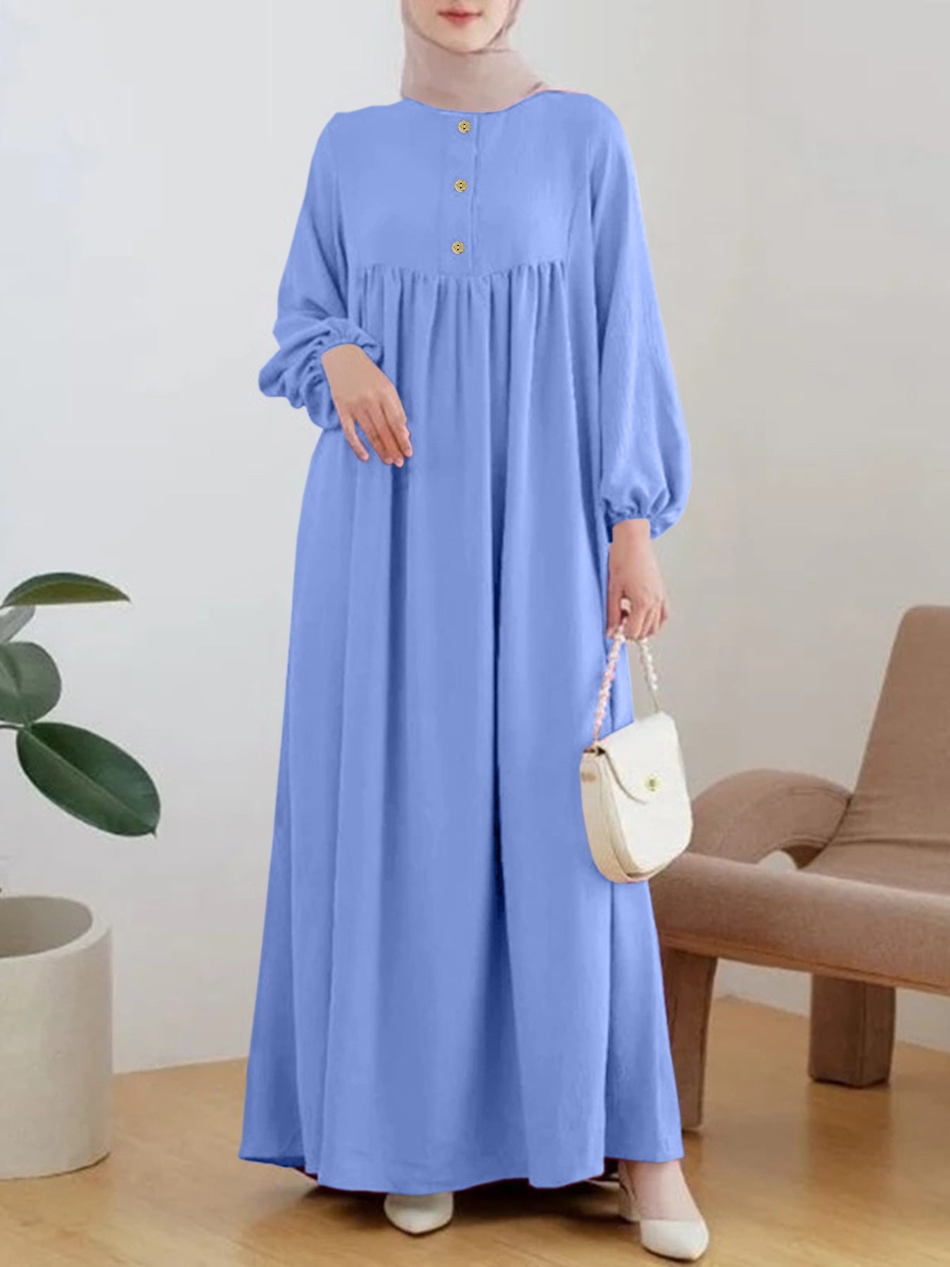 Damen luftiges Maxikleid mit bequemer Knopfleiste und eleganten Puffärmeln Stalluxe