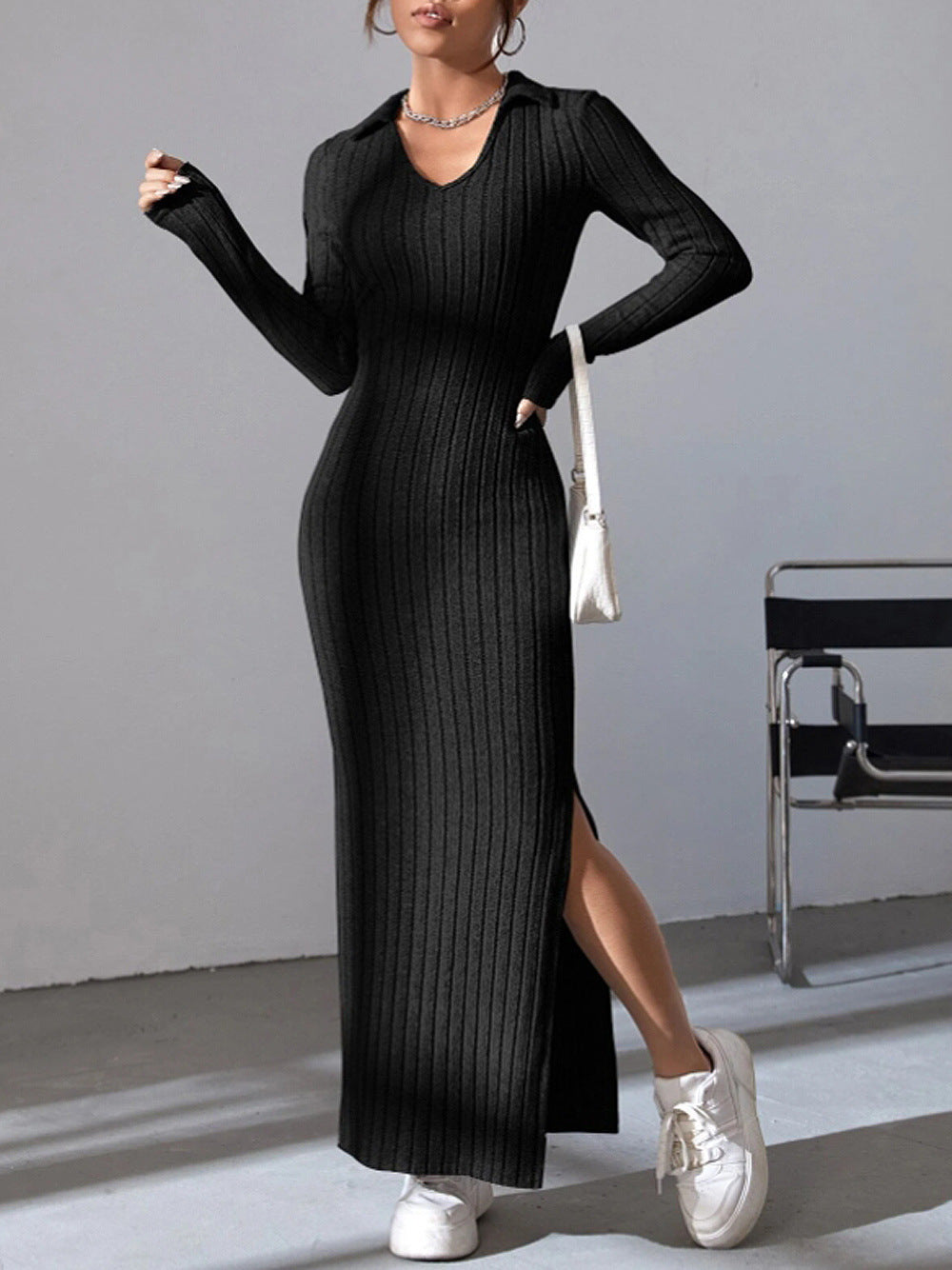 Damen Maxikleid mit elegantem Rippdesign und modischem V-Ausschnitt Stalluxe