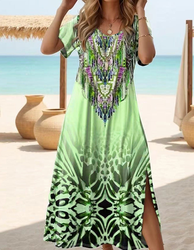 Damen Strandmaxikleid mit einzigartigem Ethno-Design und seitlichen Schlitzen Stalluxe