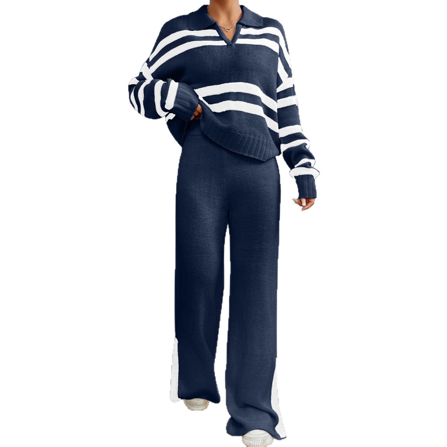 Damen Lässiges Strick-Outfit mit Polo-Kragen und gestreiftem Design Stalluxe
