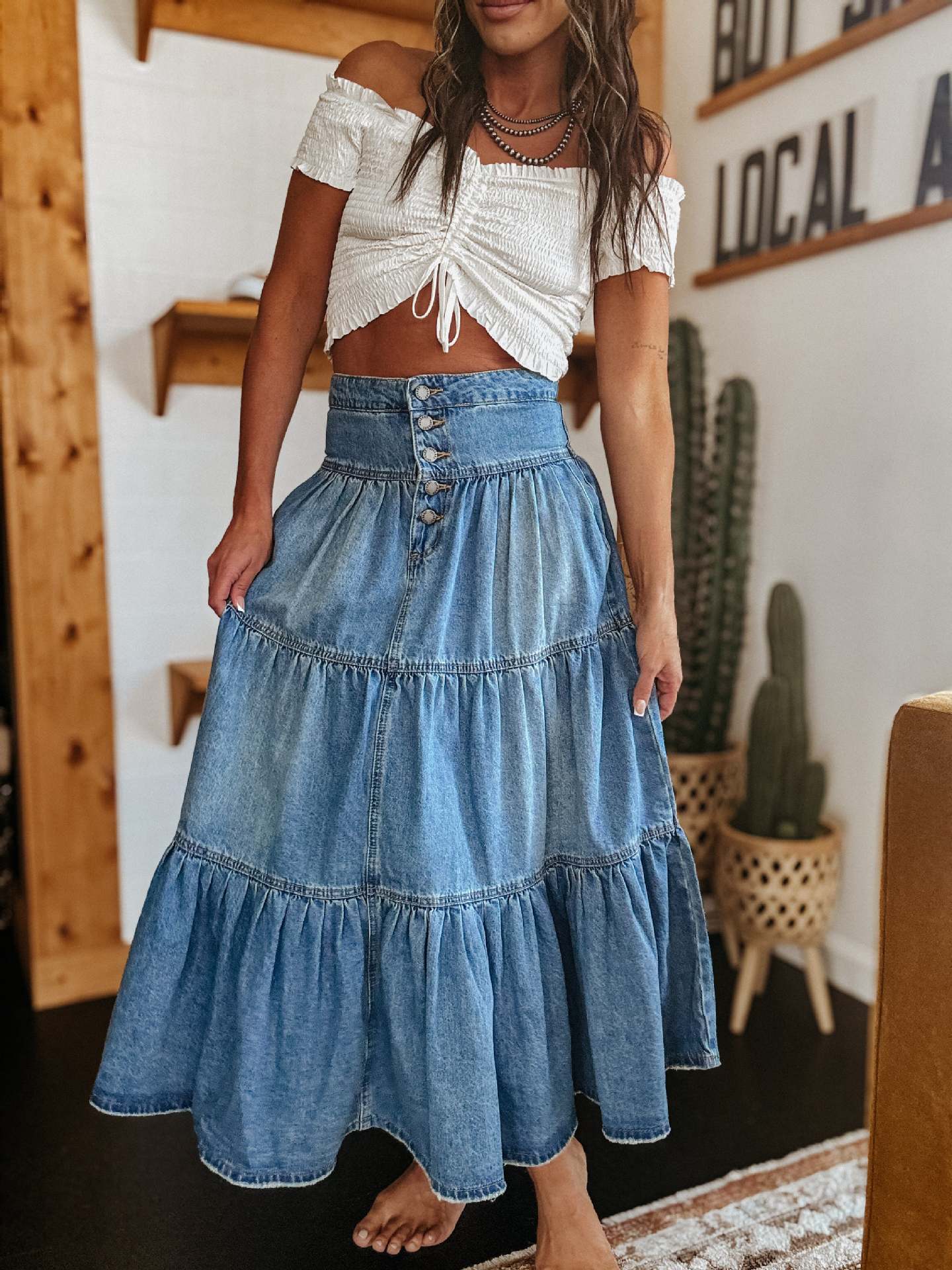 Damen Denim Maxirock mit Volant und Knopfleiste Stalluxe