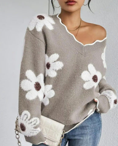 Damen Strickpullover mit floralem Design und V-Ausschnitt Stalluxe