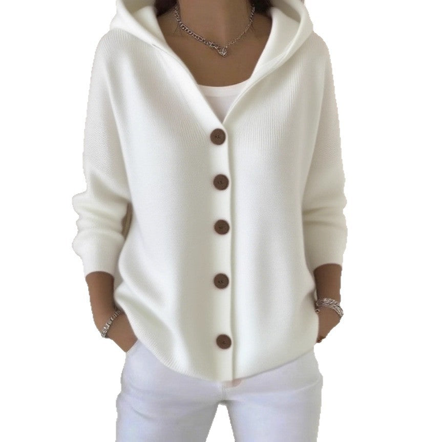 Damen lässige Strickjacke mit Kapuze und Knopfverschluss Stalluxe