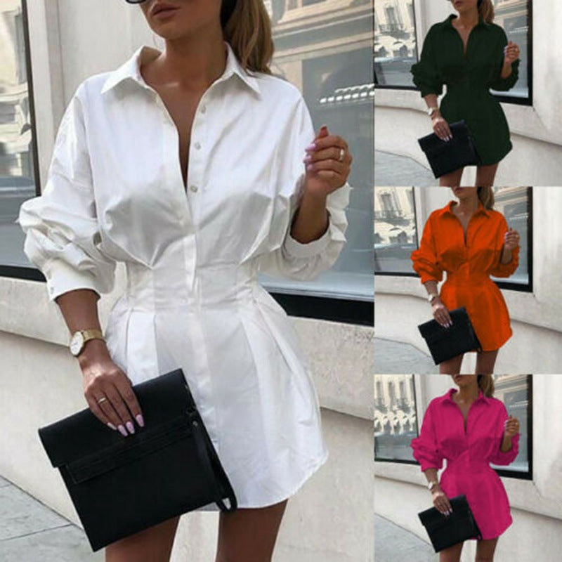 Damen Hemdblusenkleid mit weitem Schnitt und modernen Puffärmeln Stalluxe