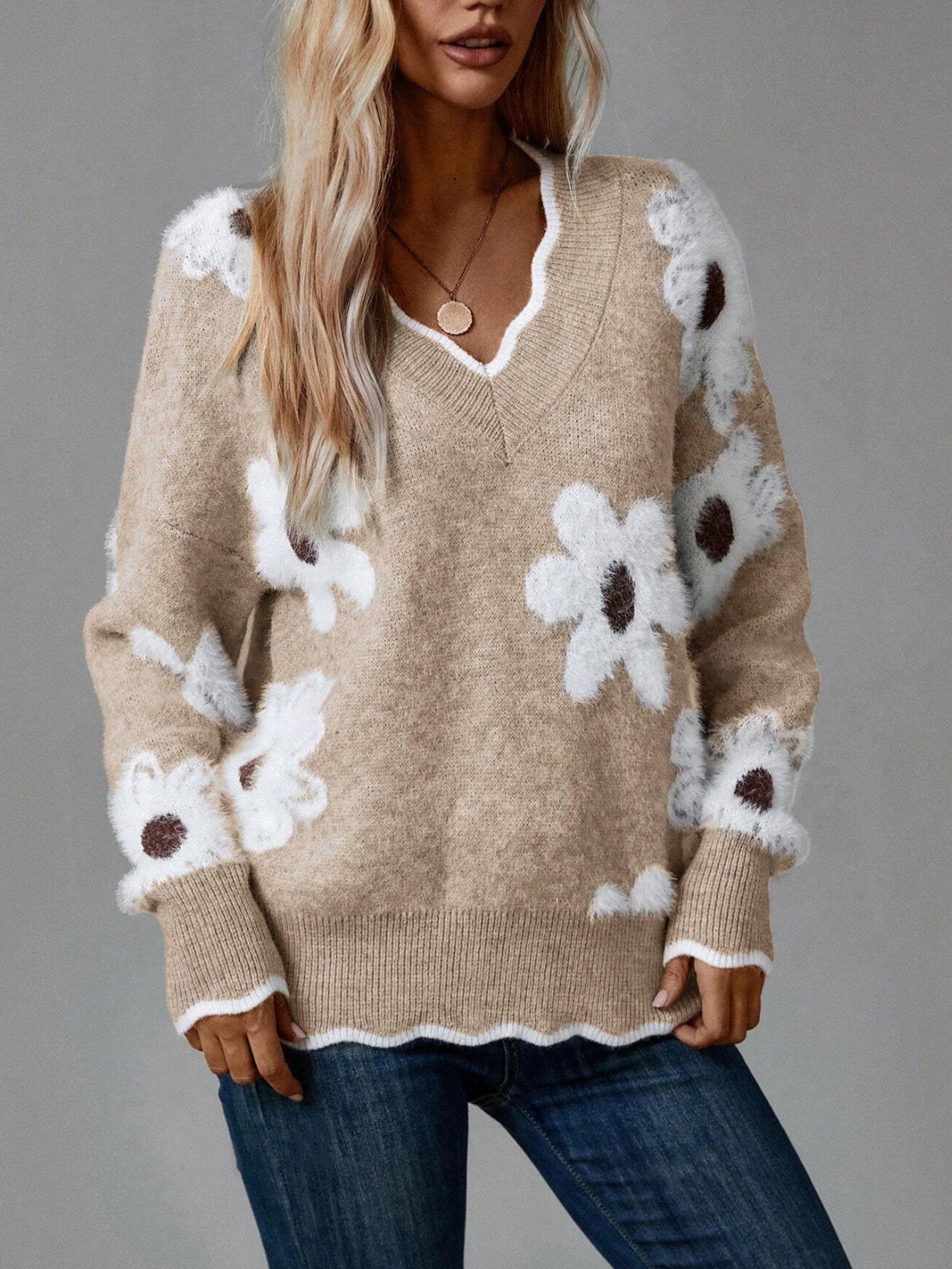 Damen Strickpullover mit floralem Design und V-Ausschnitt Stalluxe