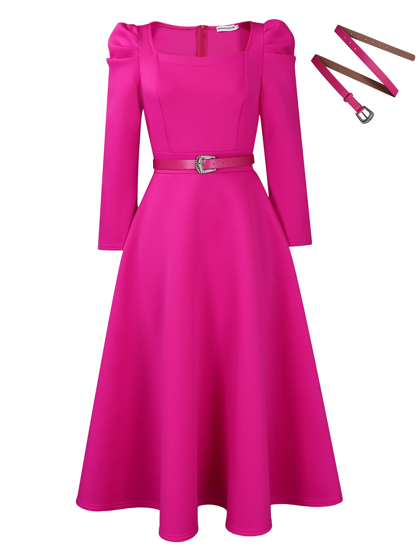 Damen Midikleid mit eleganten Puffärmeln und Gürtel Stalluxe