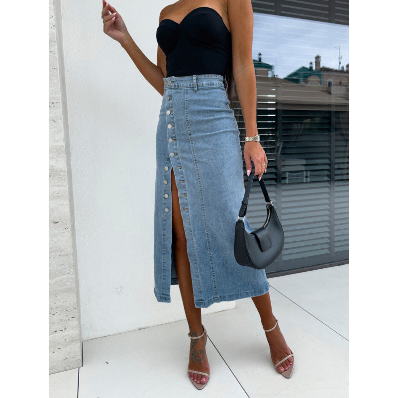 Damen Denim-Midirock mit seitlichem Schlitz und Knopfdetails Stalluxe