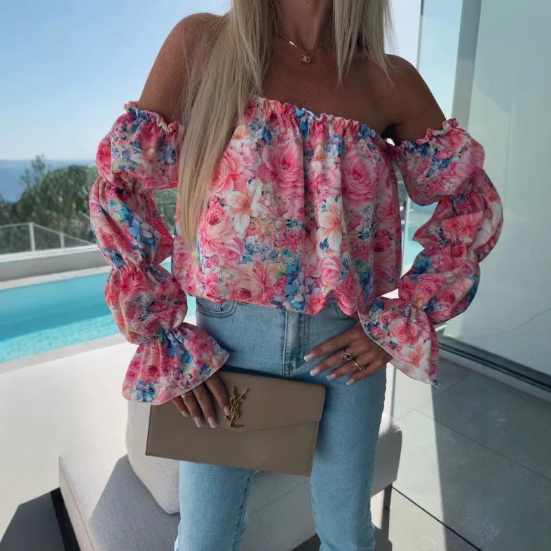 Damen verspielt blumige Off-Shoulder Bluse mit voluminösen Ärmeln Stalluxe