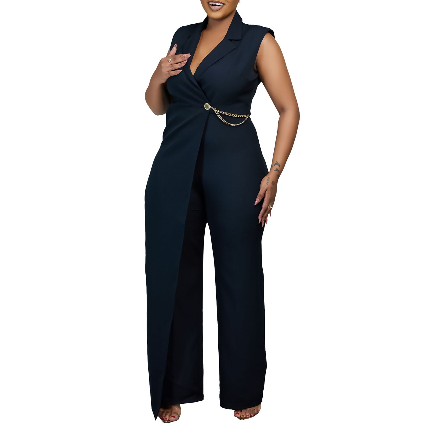 Damen Stylischer Jumpsuit mit eleganter Drapierung und seitlichem Glitzerakzent Stalluxe
