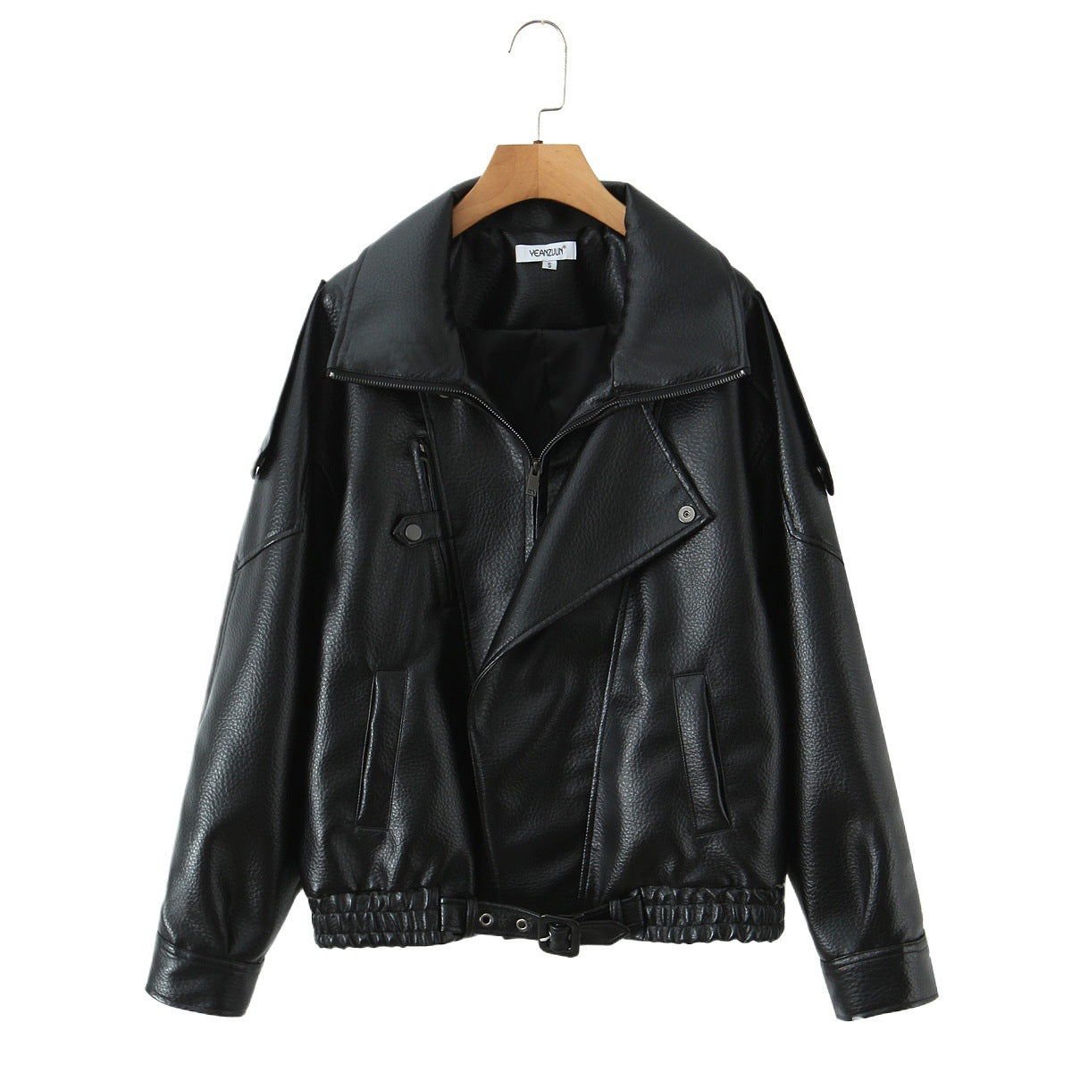 Damen Modische Kunstlederjacke mit erotischem Revers und elastischem Saum Stalluxe
