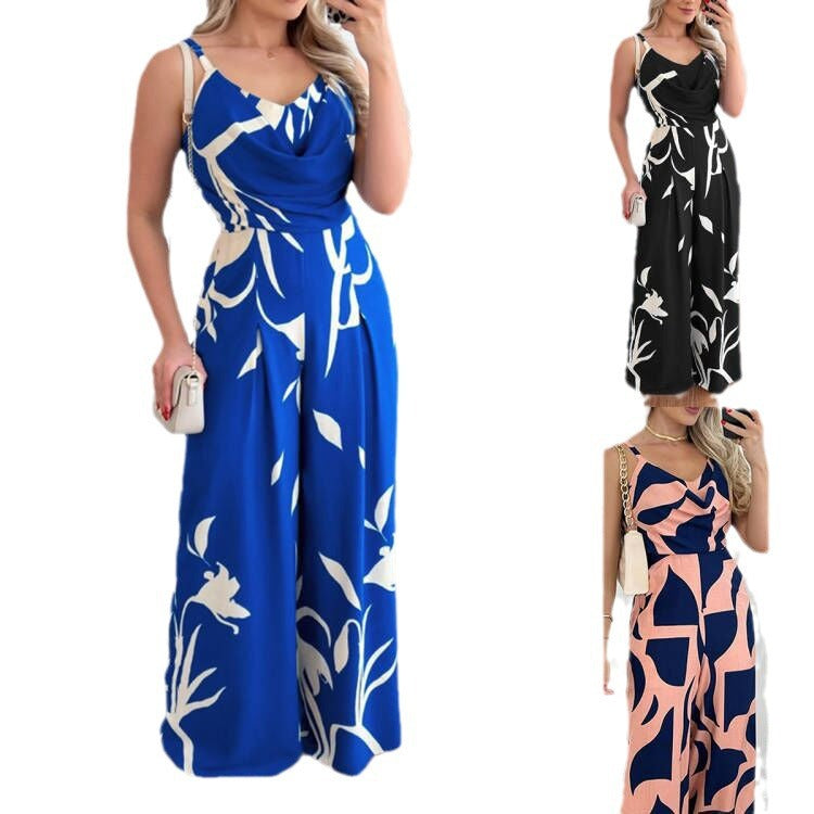 Damen Jumpsuit mit elegantem Wickeloberteil und farbenfrohem Blattdesign Stalluxe