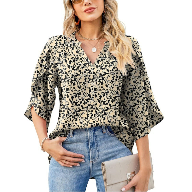 Women's Floral Print V-Neck Blouse Stalluxe